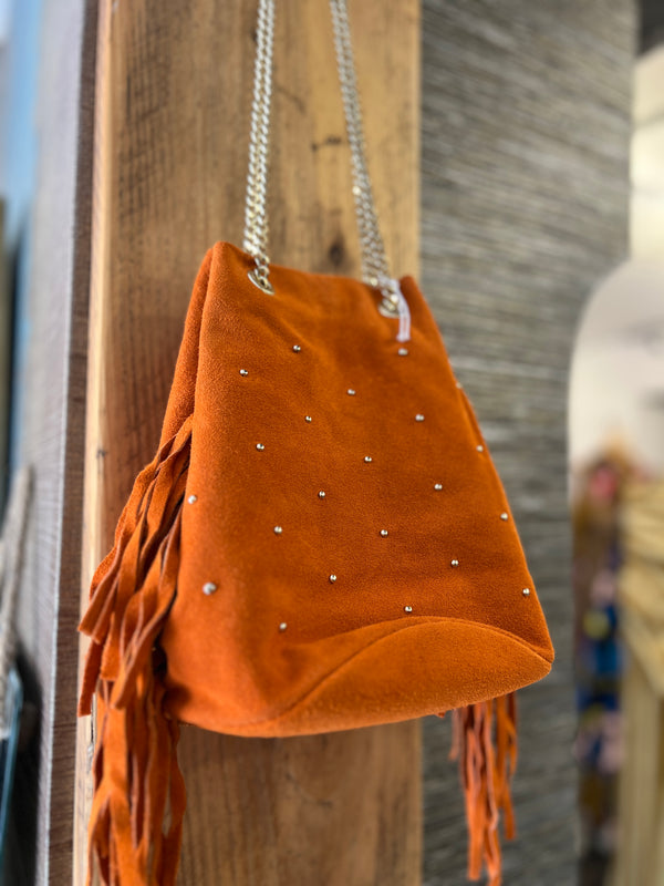 Orange suede fringe bag