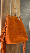 Orange suede fringe bag